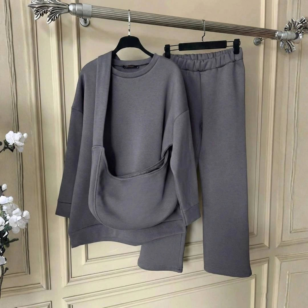 12159-The Essential Monochromatic Leisure Set | Sweatshirt + Wide-Leg Pant + Bag-grey