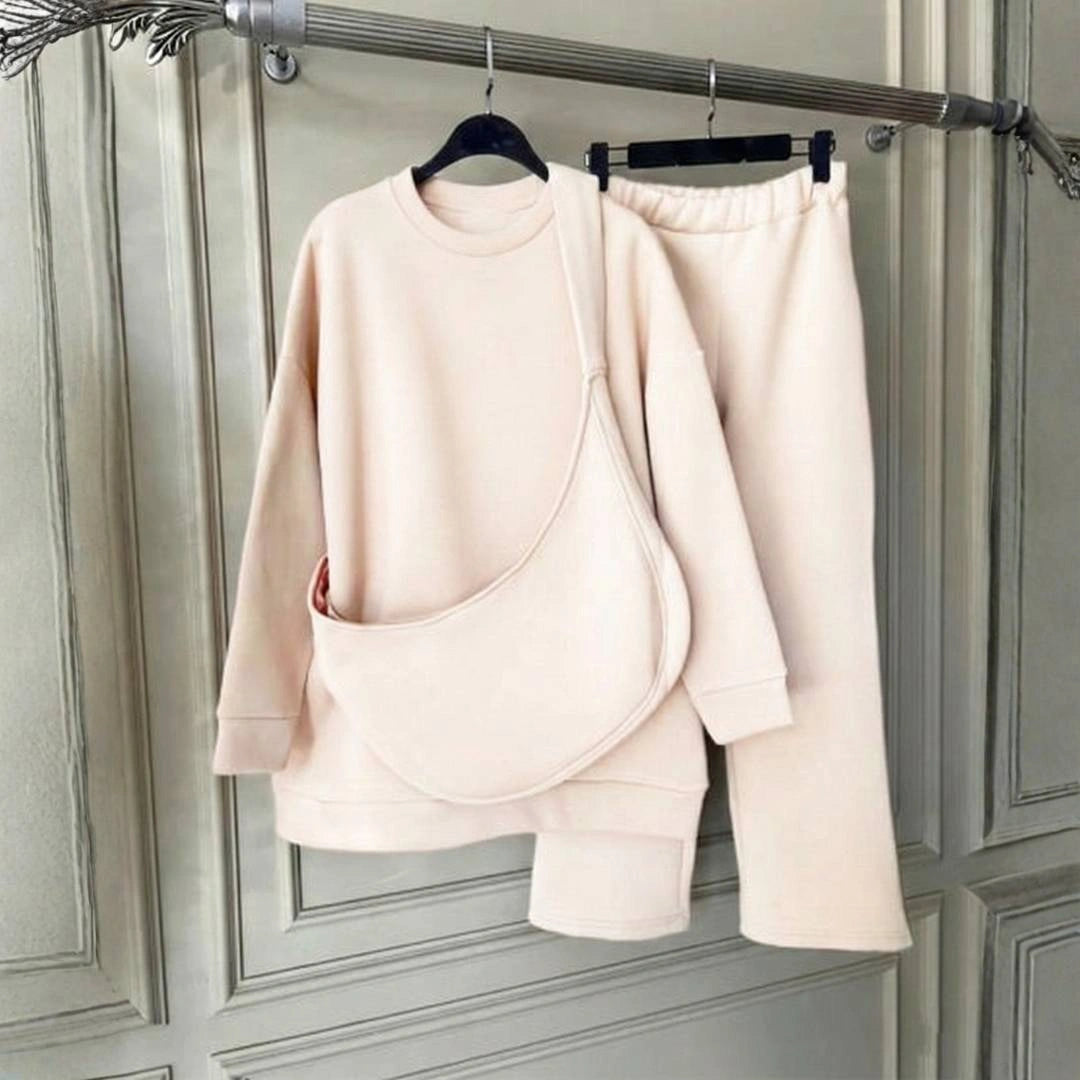 12159-The Essential Monochromatic Leisure Set | Sweatshirt + Wide-Leg Pant + Bag-offwhite