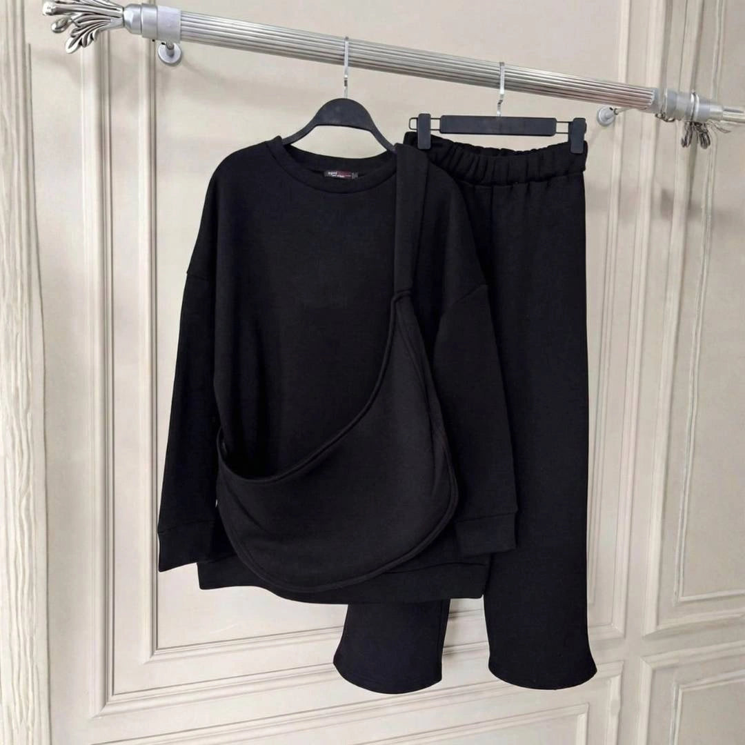 The Essential Oversized Monochromatic Leisure Set | Sweatshirt + Wide-Leg Pant + Bag