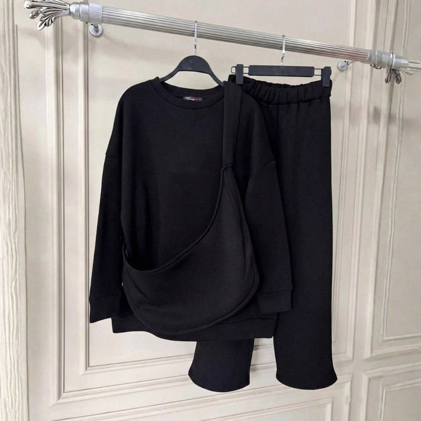 The Essential Oversized Monochromatic Leisure Set | Sweatshirt + Wide-Leg Pant + Bag
