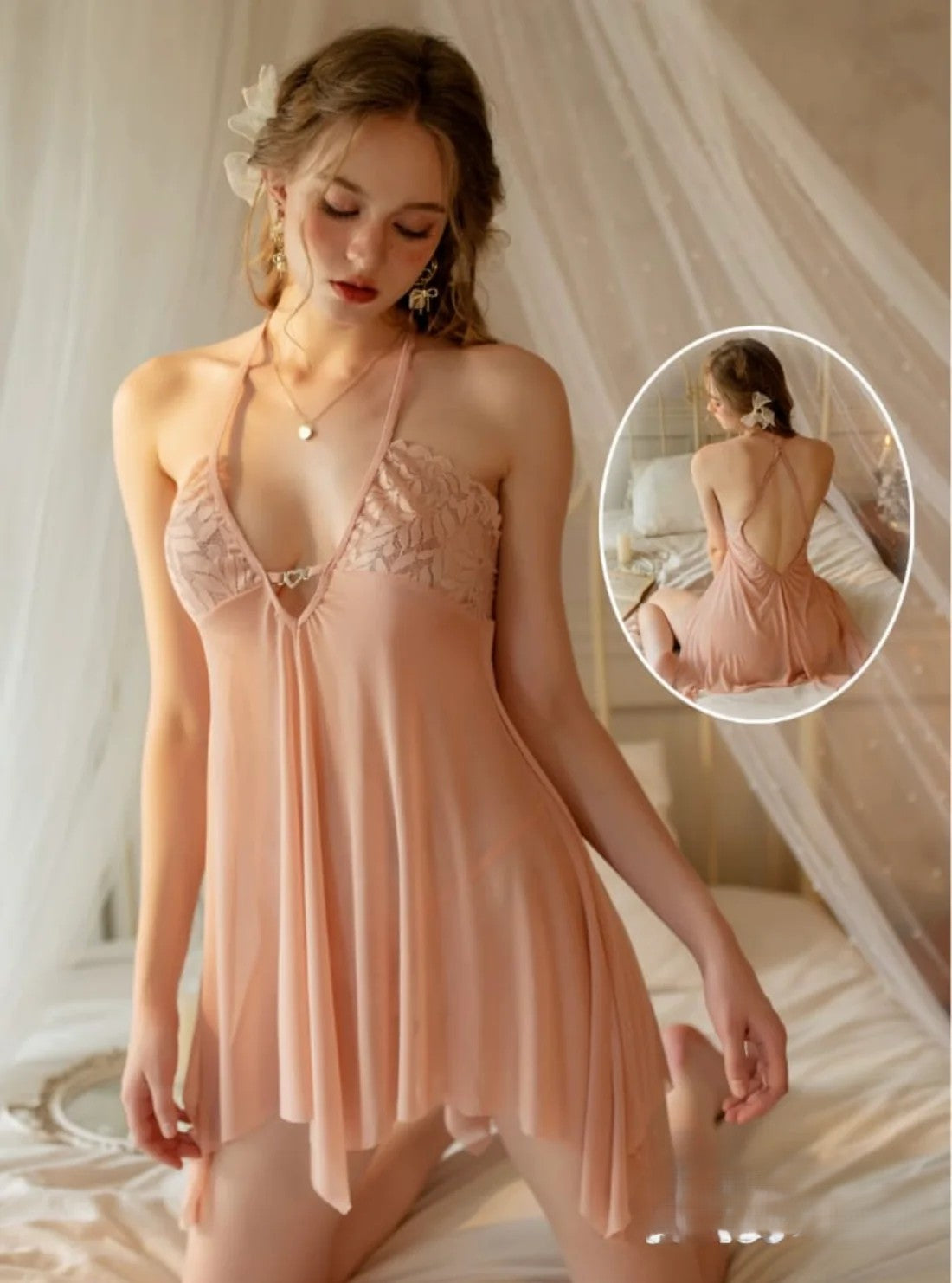 Blush Lace Halter Babydoll Nighty