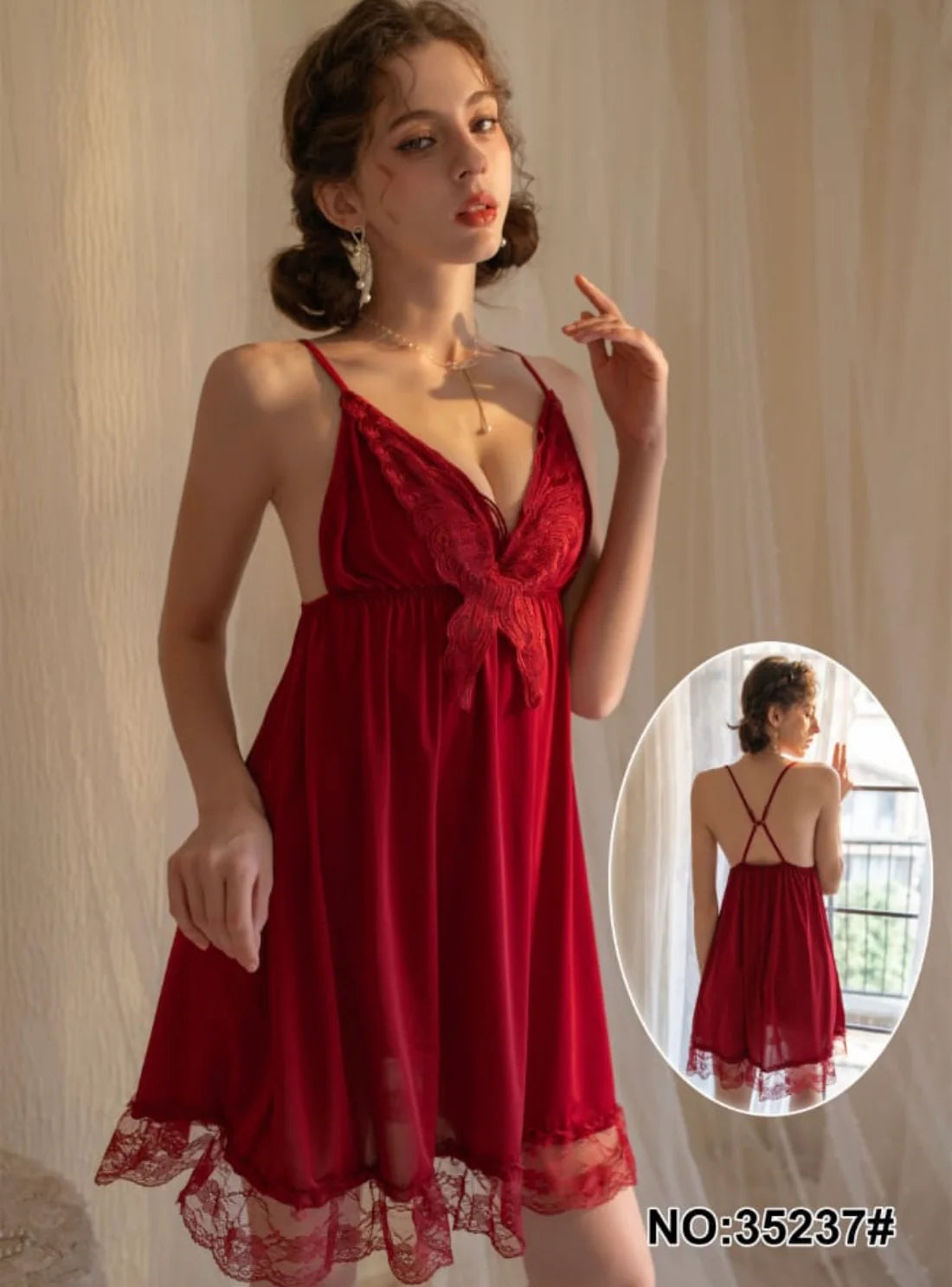 Elegant Red Lace Babydoll Nighty