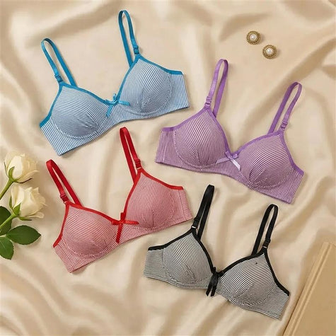 Free-size Teenage Stripped Cotton Bra – Padded, Wireless Comfort with Bow Detail