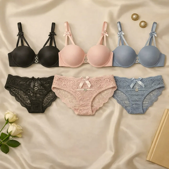 Luxury Floral Lace Lingerie Set – Elegant Padded Underwire Bra & Matching Scalloped Lace Panty with Rhinestone Accents