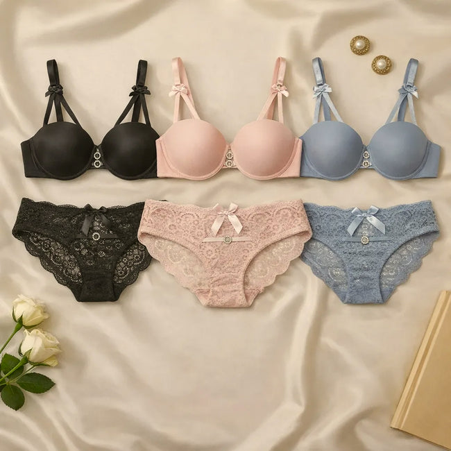 Luxury Floral Lace Lingerie Set – Elegant Padded Underwire Bra & Matching Scalloped Lace Panty with Rhinestone Accents