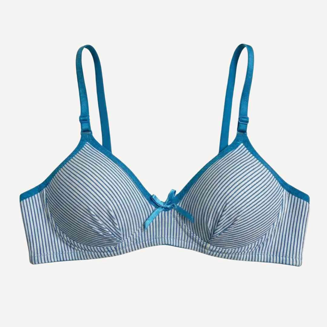 Free-size Teenage Stripped Cotton Bra – Padded, Wireless Comfort with Bow Detail (Black, Red, Blue, Purple)