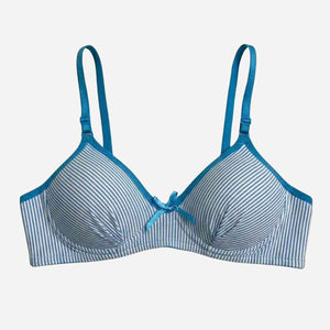 Free-size Teenage Stripped Cotton Bra – Padded, Wireless Comfort with Bow Detail (Black, Red, Blue, Purple)