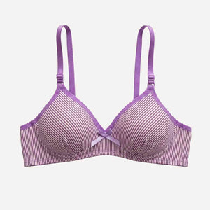 Free-size Teenage Stripped Cotton Bra – Padded, Wireless Comfort with Bow Detail (Black, Red, Blue, Purple)