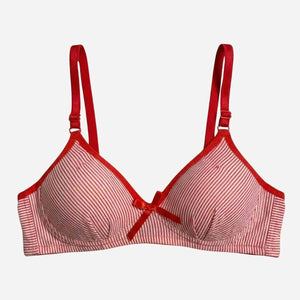 Free-size Teenage Stripped Cotton Bra – Padded, Wireless Comfort with Bow Detail (Black, Red, Blue, Purple)