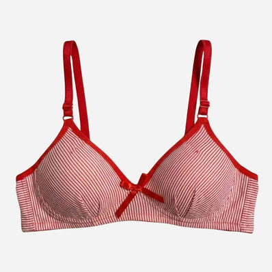 Free-size Teenage Stripped Cotton Bra – Padded, Wireless Comfort with Bow Detail (Black, Red, Blue, Purple)