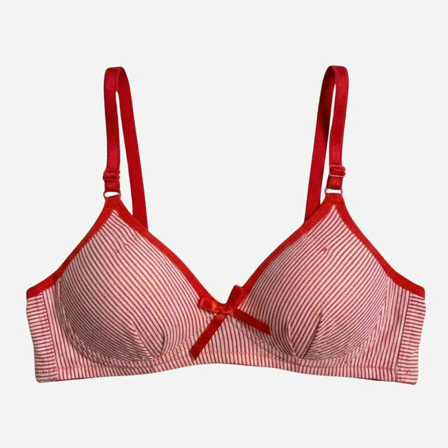 Free-size Teenage Stripped Cotton Bra – Padded, Wireless Comfort with Bow Detail (Black, Red, Blue, Purple)