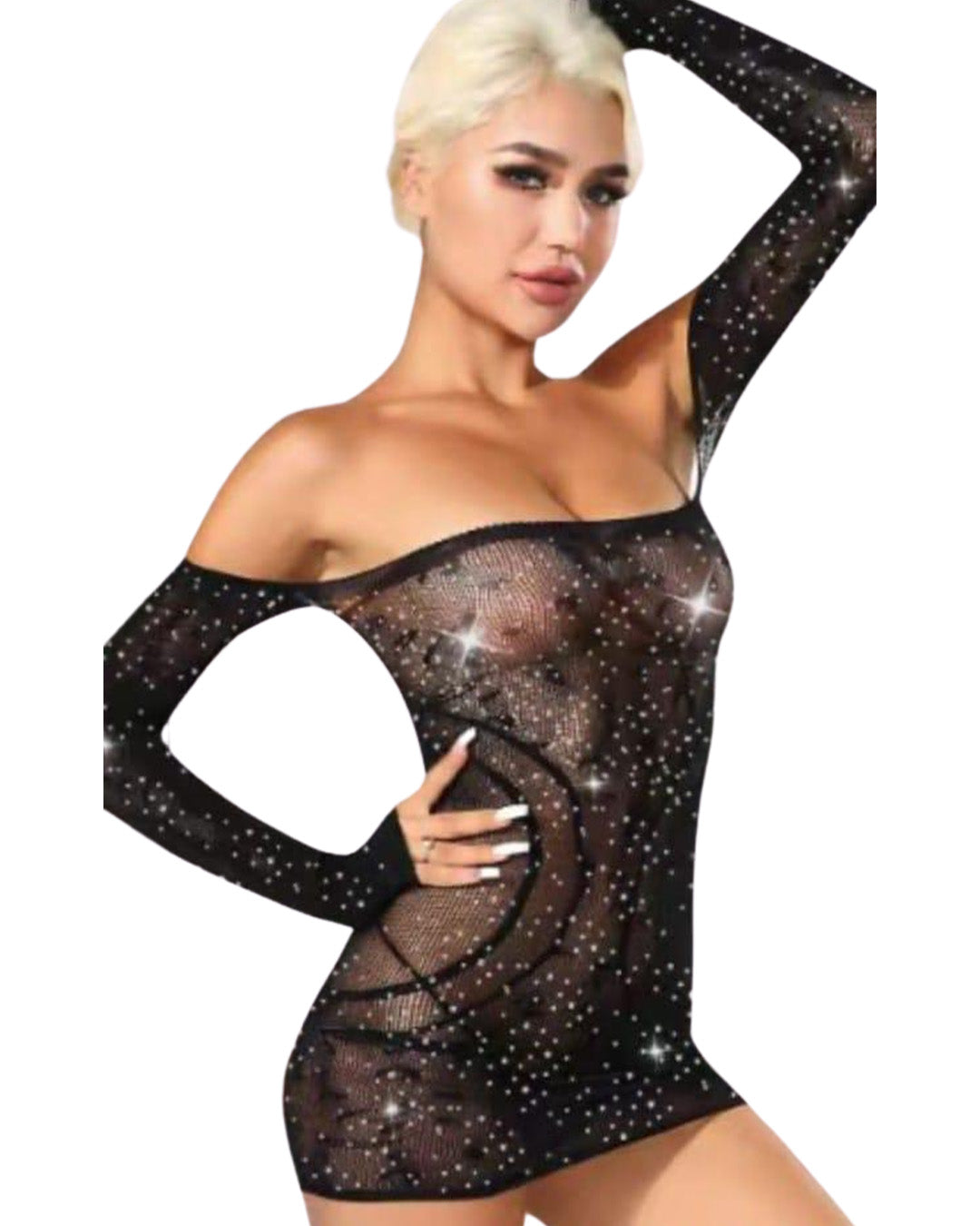 Sparkling Black Mesh Off-Shoulder Bodystocking